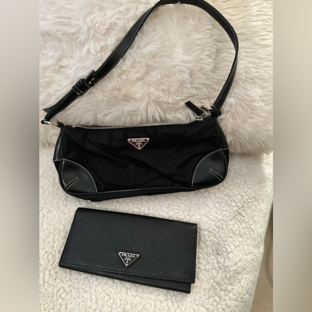 Prada Black Nylon Leather Shoulder Bag and Wallet
